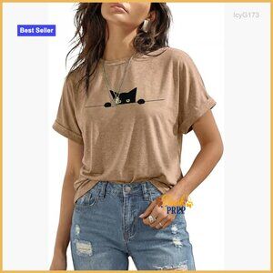 Women's Crew Neck Short Sleeve Graphic Tee Funny Cat Print Casual Top